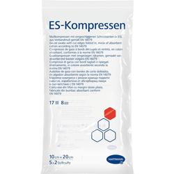 Eine weiße Verpackung mit der Aufschrift "ES-Kompressen" und mehrsprachiger Produktbeschreibung.