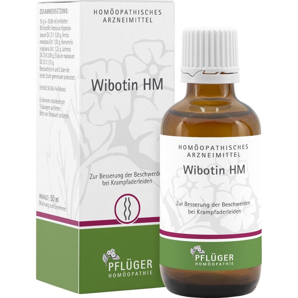 Eine braune Flasche homöopathisches Mittel namens Wibotin HM vor einer Verpackung.