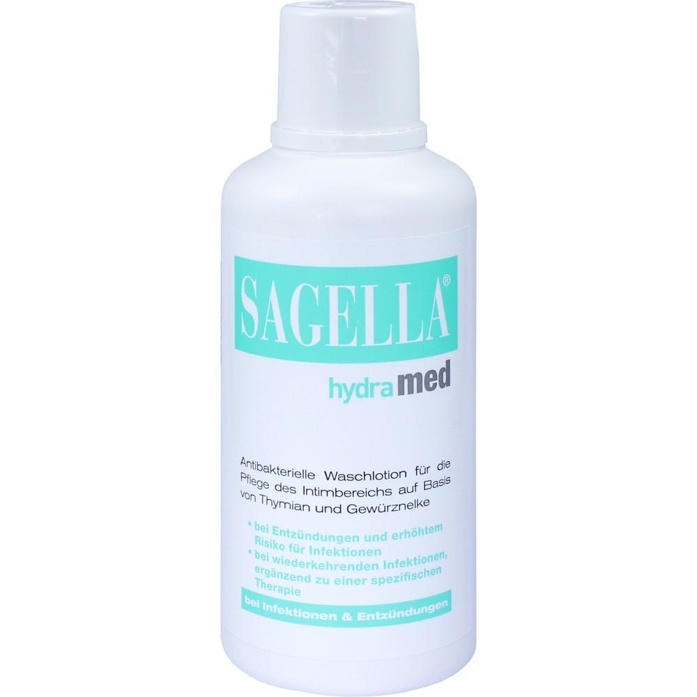 Flasche mit antibakterieller Waschlotion für den Intimbereich namens "Sagella hydramed".